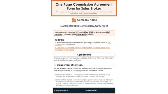 One Page Commission Agreement Form For Sales Broker PDF Document PPT Template