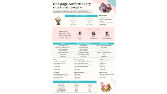 One Page Confectionery Shop Business Plan PDF Document PPT Template