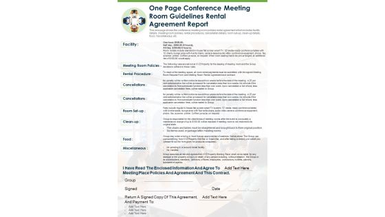 One Page Conference Meeting Room Guidelines Rental Agreement Report PDF Document PPT Template