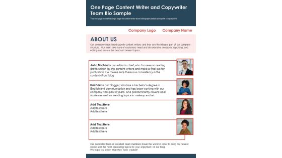 One Page Content Writer And Copywriter Team Bio Sample PDF Document PPT Template One Page Content Writer And Copywriter Team Bio Sample PDF Document PPT Template