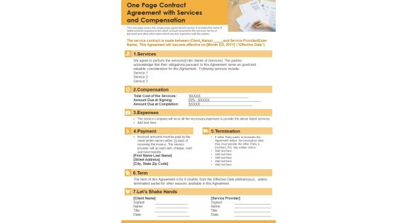 One Page Contract Agreement With Services And Compensation PDF Document PPT Template