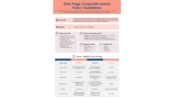 One Page Corporate Leave Policy Guidelines PDF Document PPT Template One Page Corporate Leave Policy Guidelines PDF Document PPT Template