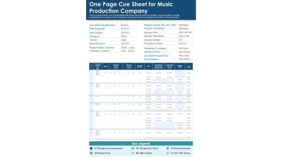 One Page Cue Sheet For Music Production Company PDF Document PPT Template One Page Cue Sheet For Music Production Company PDF Document PPT Template