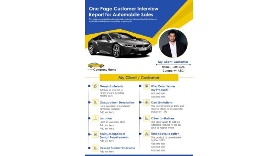 One Page Customer Interview Report For Automobile Sales PDF Document PPT Template One Page Customer Interview Report For Automobile Sales PDF Document PPT Template