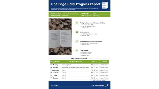 One Page Daily Progress Report PDF Document PPT Template One Page Daily Progress Report PDF Document PPT Template