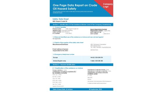 One Page Data Report On Crude Oil Hazard Safety PDF Document PPT Template One Page Data Report On Crude Oil Hazard Safety PDF Document PPT Template