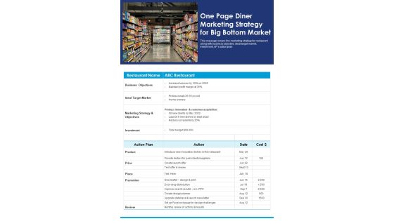 One Page Diner Marketing Strategy For Big Bottom Market PDF Document PPT Template