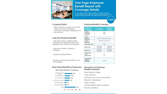 One Page Employee Benefit Report With Coverage Details PDF Document PPT Template One Page Employee Benefit Report With Coverage Details PDF Document PPT Template