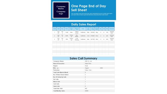 One Page End Of Day Sell Sheet PDF Document PPT Template One Page End Of Day Sell Sheet PDF Document PPT Template