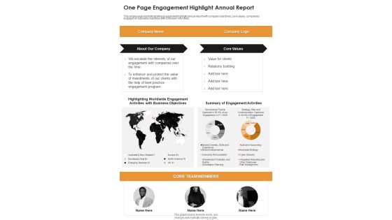 One Page Engagement Highlight Annual Report One Pager Documents