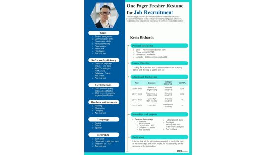 One Page Entry Level CV For Employment Application PDF Document PPT Template