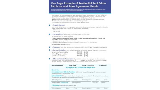 One Page Example Of Residential Real Estate Purchase And Sales Agreement Details PDF Document PPT Template One Page Example Of Residential Real Estate Purchase And Sales Agreement Details PDF Document PPT Template
