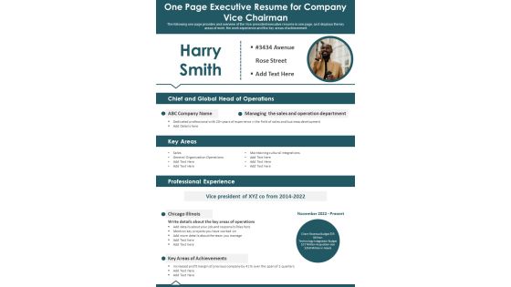 One Page Executive Resume For Company Vice Chairman PDF Document PPT Template One Page Executive Resume For Company Vice Chairman PDF Document PPT Template