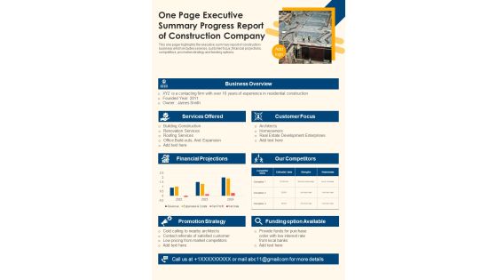 One Page Executive Summary Progress Report Of Construction Company PDF Document PPT Template One Page Executive Summary Progress Report Of Construction Company PDF Document PPT Template