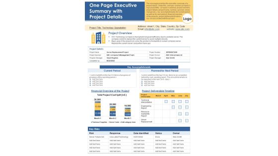 One Page Executive Summary With Project Details PDF Document PPT Template One Page Executive Summary With Project Details PDF Document PPT Template