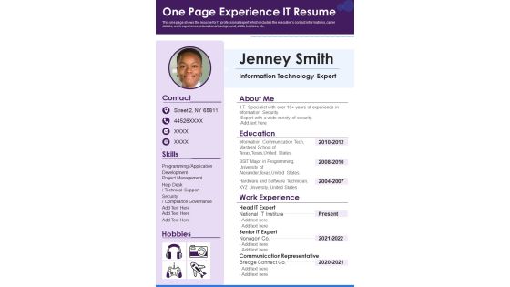 One Page Experience IT Resume PDF Document PPT Template
