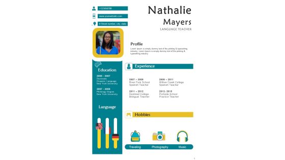One Page Expert Language Teacher CV PDF Document PPT Template