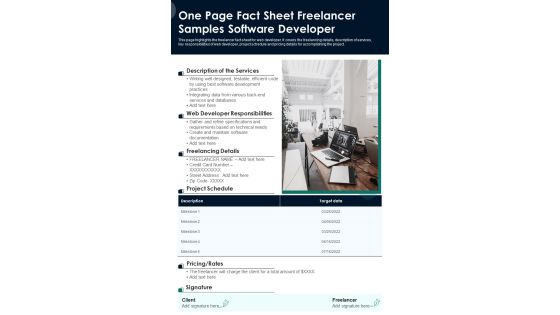 One Page Fact Sheet Freelancer Samples Software Developer PDF Document PPT Template One Page Fact Sheet Freelancer Samples Software Developer PDF Document PPT Template