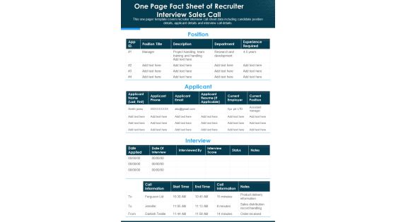 One Page Fact Sheet Of Recruiter Interview Sales Call PDF Document PPT Template One Page Fact Sheet Of Recruiter Interview Sales Call PDF Document PPT Template