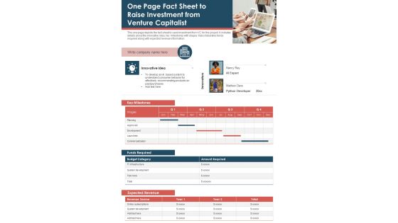 One Page Fact Sheet To Raise Investment From Venture Capitalist PDF Document PPT Template One Page Fact Sheet To Raise Investment From Venture Capitalist PDF Document PPT Template