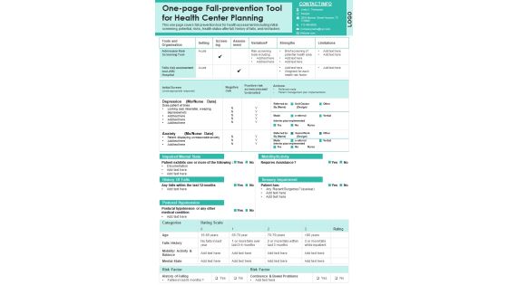 One Page Fall Prevention Tool For Health Center Planning PDF Document PPT Template One Page Fall Prevention Tool For Health Center Planning PDF Document PPT Template