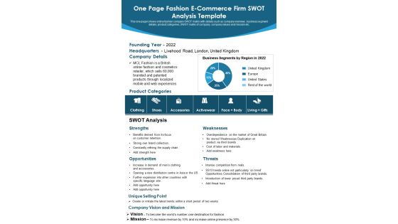 One Page Fashion E Commerce Firm SWOT Analysis Template PDF Document PPT Template One Page Fashion E Commerce Firm SWOT Analysis Template PDF Document PPT Template