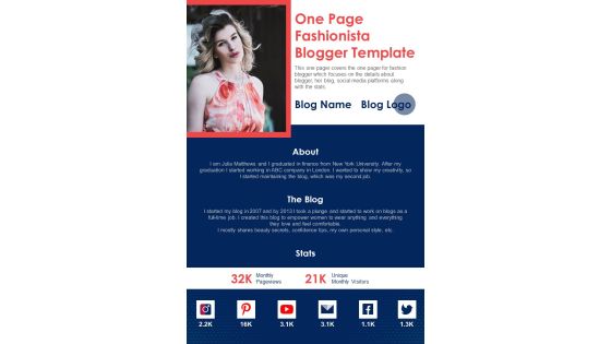 One Page Fashionista Blogger Template PDF Document PPT Template One Page Fashionista Blogger Template PDF Document PPT Template