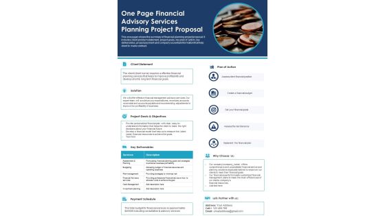 One Page Financial Advisory Services Planning Project Proposal PDF Document PPT Template One Page Financial Advisory Services Planning Project Proposal PDF Document PPT Template