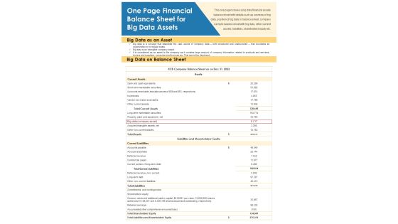 One Page Financial Balance Sheet For Big Data Assets PDF Document PPT Template