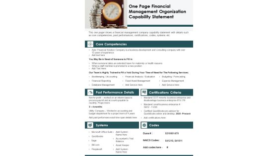 One Page Financial Management Organization Capability Statement PDF Document PPT Template