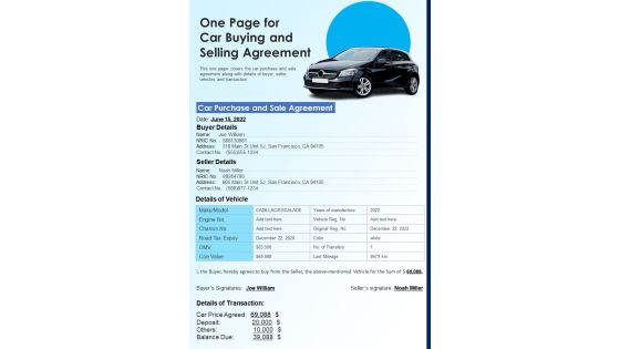 One Page For Car Buying And Selling Agreement PDF Document PPT Template One Page For Car Buying And Selling Agreement PDF Document PPT Template