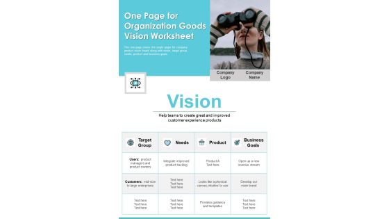 One Page For Organization Goods Vision Worksheet PDF Document PPT Template One Page For Organization Goods Vision Worksheet PDF Document PPT Template