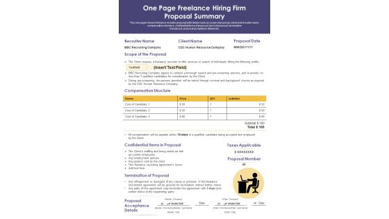 One Page Freelance Hiring Firm Proposal Summary PDF Document PPT Template One Page Freelance Hiring Firm Proposal Summary PDF Document PPT Template