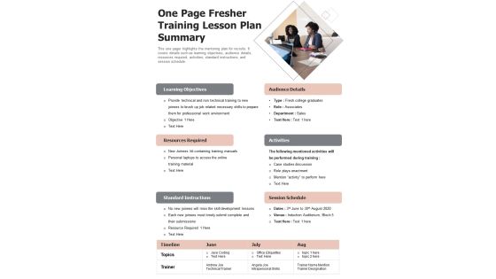 One Page Fresher Training Lesson Plan Summary PDF Document PPT Template