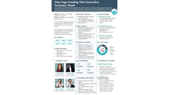 One Page Funding Pitch Executive Summary Sheet PDF Document PPT Template One Page Funding Pitch Executive Summary Sheet PDF Document PPT Template