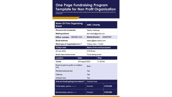 One Page Fundraising Program Template For Non Profit Organization PDF Document PPT Template One Page Fundraising Program Template For Non Profit Organization PDF Document PPT Template