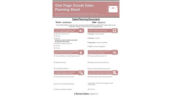 One Page Goods Sales Planning Sheet PDF Document PPT Template One Page Goods Sales Planning Sheet PDF Document PPT Template