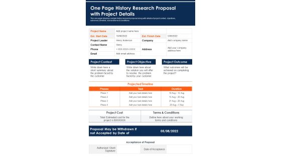 One Page History Research Proposal With Project Details PDF Document PPT Template One Page History Research Proposal With Project Details PDF Document PPT Template
