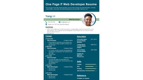 One Page IT Web Developer Resume PDF Document PPT Template One Page IT Web Developer Resume PDF Document PPT Template