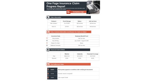 One Page Insurance Claim Progress Report PDF Document PPT Template One Page Insurance Claim Progress Report PDF Document PPT Template