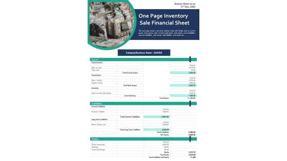 One Page Inventory Sale Financial Sheet PDF Document PPT Template