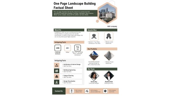 One Page Landscape Building Factual Sheet PDF Document PPT Template One Page Landscape Building Factual Sheet PDF Document PPT Template