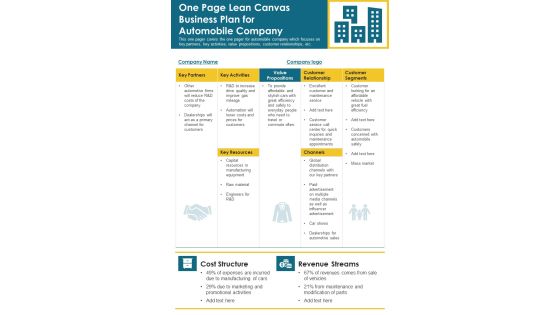 One Page Lean Canvas Business Plan For Automobile Company PDF Document PPT Template One Page Lean Canvas Business Plan For Automobile Company PDF Document PPT Template