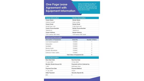 One Page Lease Agreement With Equipment Information PDF Document PPT Template One Page Lease Agreement With Equipment Information PDF Document PPT Template