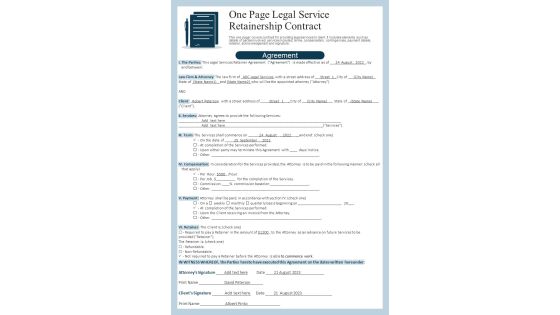 One Page Legal Service Retainership Contract PDF Document PPT Template One Page Legal Service Retainership Contract PDF Document PPT Template