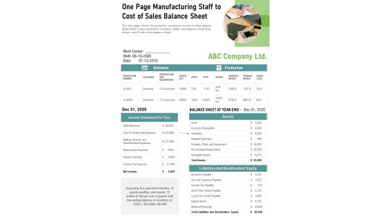 One Page Manufacturing Staff To Cost Of Sales Balance Sheet PDF Document PPT Template One Page Manufacturing Staff To Cost Of Sales Balance Sheet PDF Document PPT Template