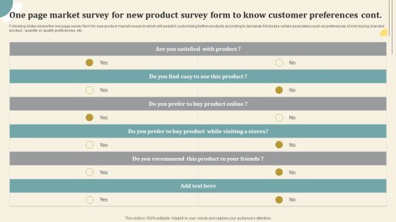 One Page Market Survey For New Product Survey Form To Know Customer Preferences Cont Survey SS One Page Market Survey For New Product Survey Form To Know Customer Preferences Cont Survey SS