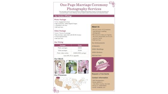 One Page Marriage Ceremony Photography Services PDF Document PPT Template One Page Marriage Ceremony Photography Services PDF Document PPT Template