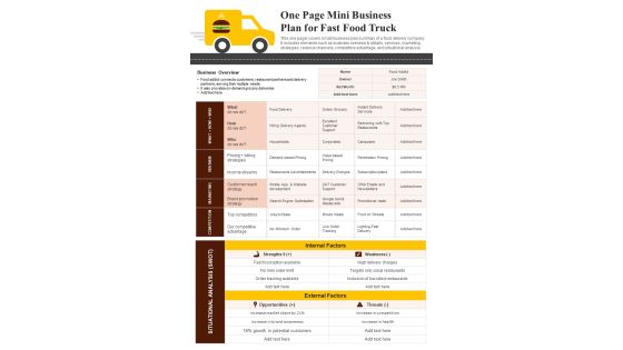One Page Mini Business Plan For Fast Food Truck PDF Document PPT Template One Page Mini Business Plan For Fast Food Truck PDF Document PPT Template