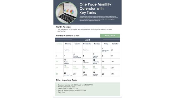 One Page Monthly Calendar With Key Tasks PDF Document PPT Template